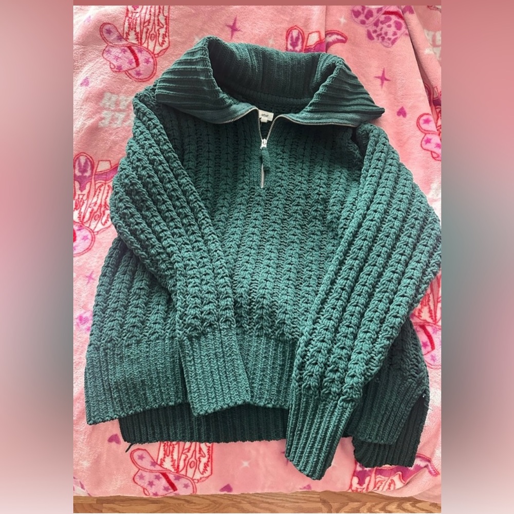 Aerie Emerald Green Textured 1/4 Zip-Up Sweater | Cozy Chunky Knit Pullover
